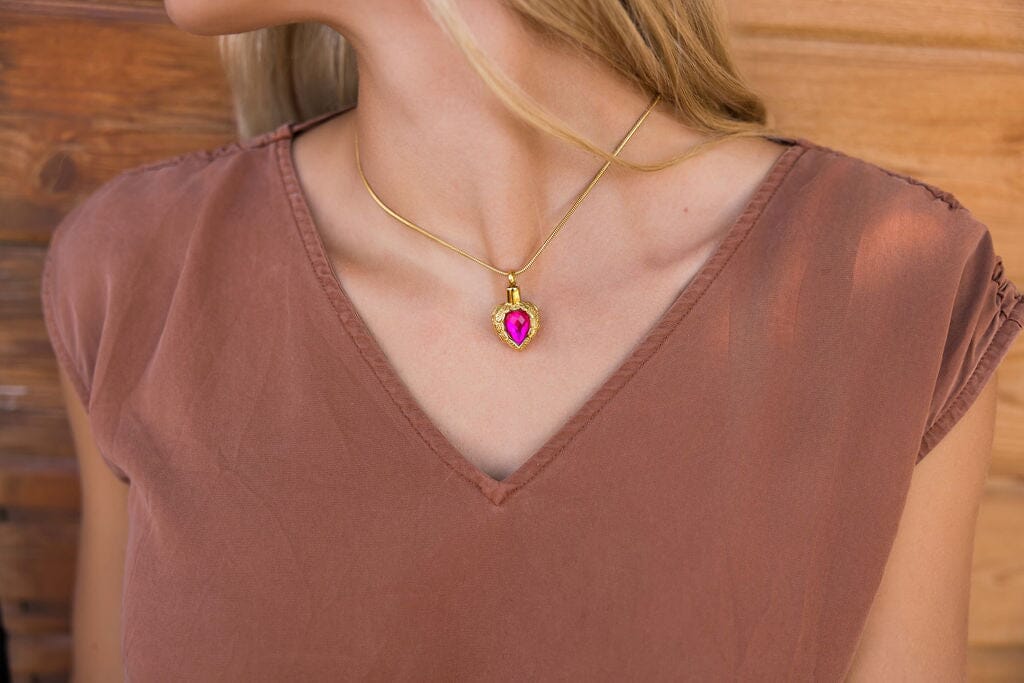 Golden Angel Wings Heart Cremation Urn Necklace With Gemstone Cremation Necklace Cherished Emblems