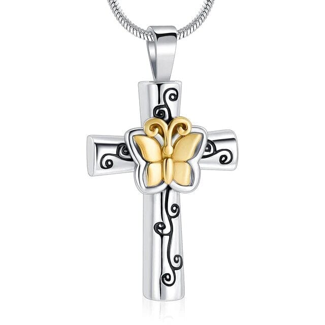Butterfly Flower Cross Cremation Urn Necklace Cherished Emblems Gold