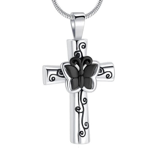 Butterfly Flower Cross Cremation Urn Necklace Cherished Emblems Black