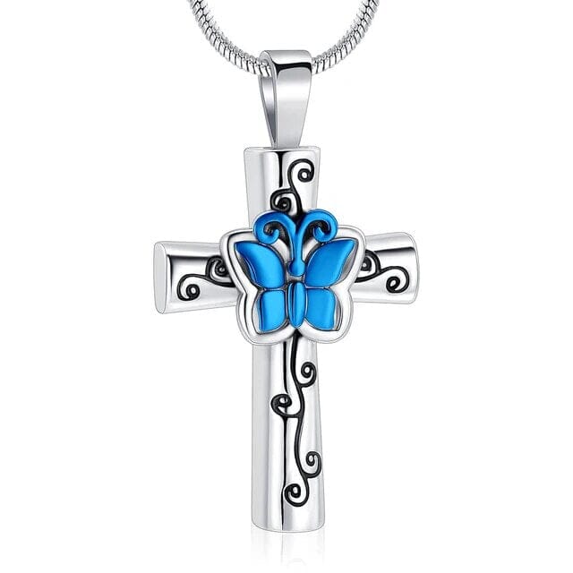 Butterfly Flower Cross Cremation Urn Necklace Cherished Emblems Blue