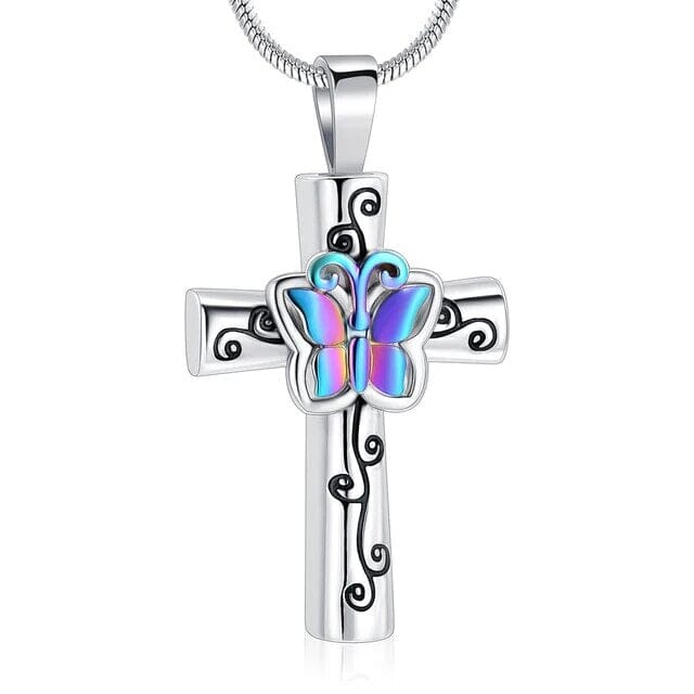 Butterfly Flower Cross Cremation Urn Necklace Cherished Emblems Colorful