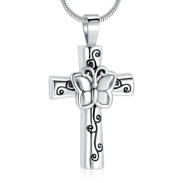 Butterfly Flower Cross Cremation Urn Necklace Cherished Emblems Sliver