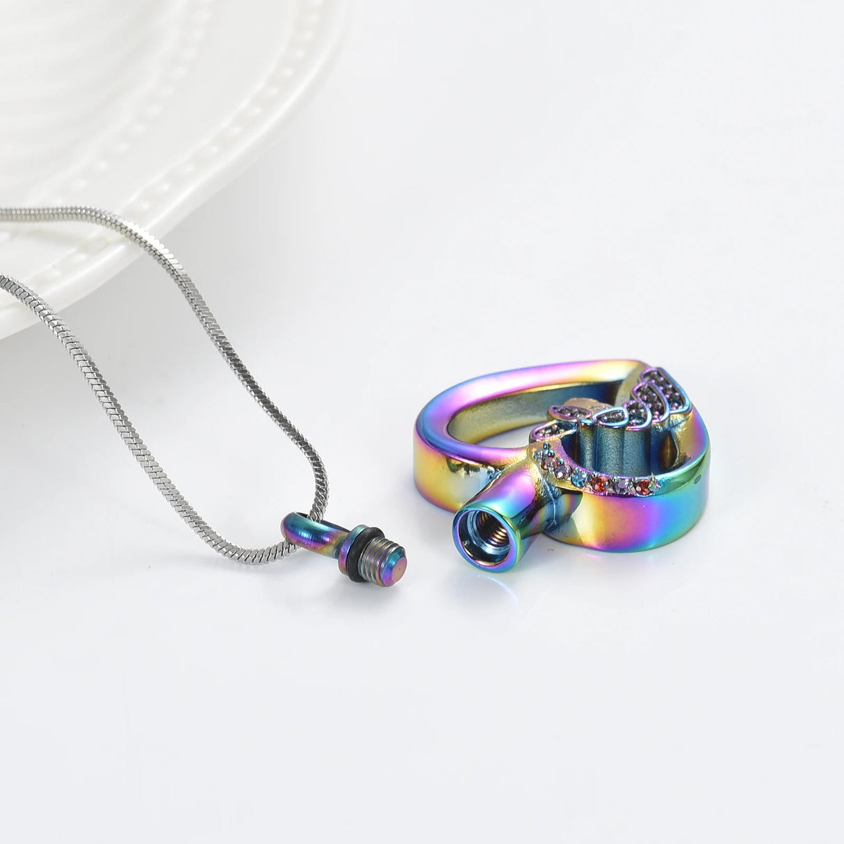 Unicorn Heart Cremation Urn Necklace with Rhinestones Cremation Necklace Cherished Emblems