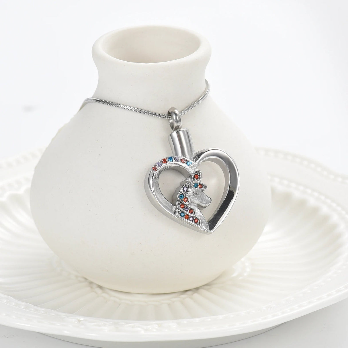 Unicorn Heart Cremation Urn Necklace with Rhinestones Cremation Necklace Cherished Emblems Silver
