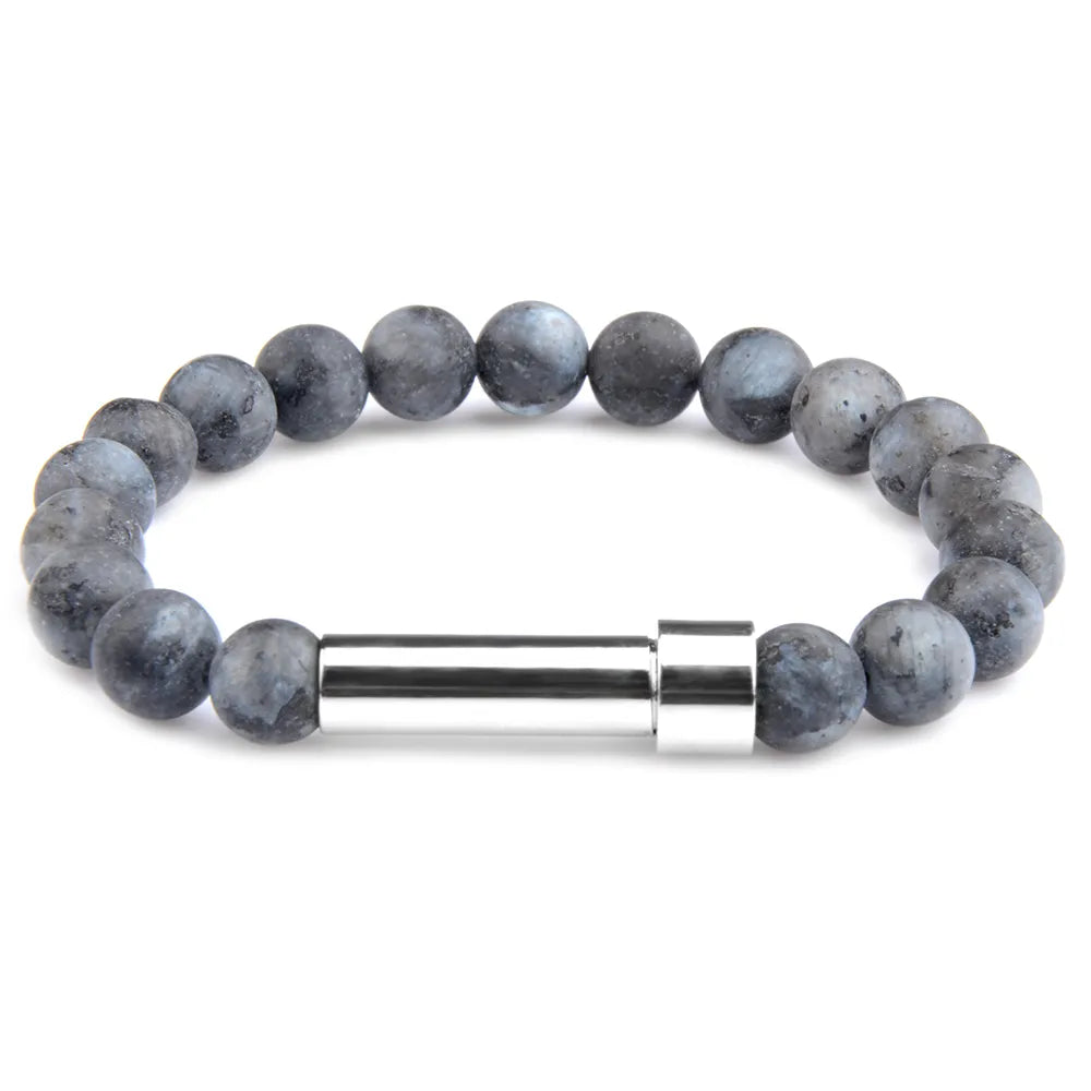 Black Flashstone natural stone cremation bracelet with silver ash chamber