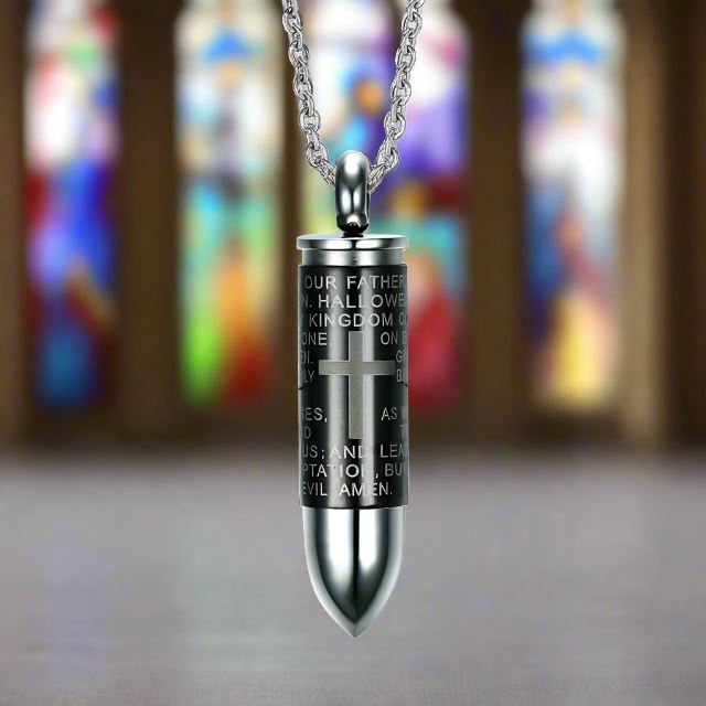 Black Bullet Cremation Urn Necklace Engraved With A Cross & The Lord's Prayer Cremation Necklace Cherished Emblems Black