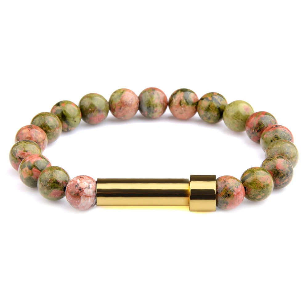 Unakite natural stone cremation bracelet with gold ash chamber