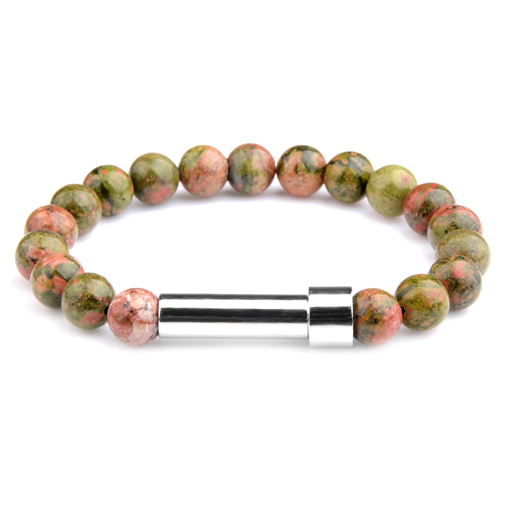 Unakite natural stone cremation bracelet with silver ash chamber