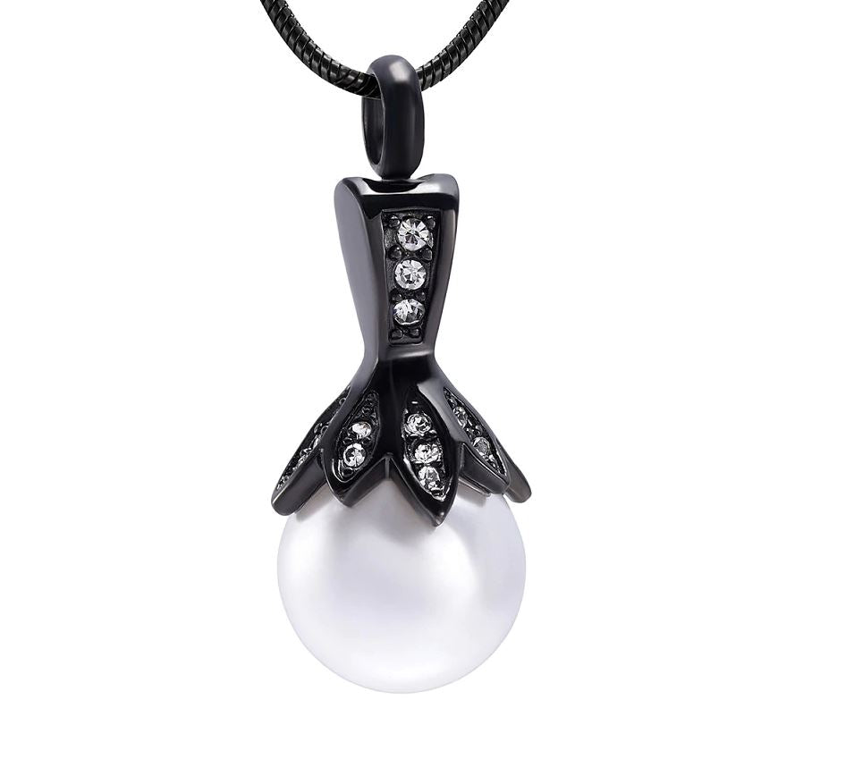 Crystal Flower & Pearl Cremation Urn Necklace With Rhinestones Cremation Necklace Cherished Emblems Black
