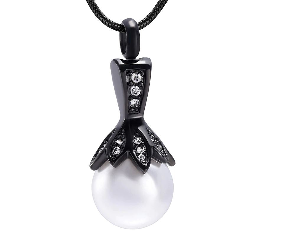 Crystal Flower & Pearl Cremation Urn Necklace With Rhinestones Cremation Necklace Cherished Emblems Black 