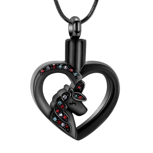 Unicorn Heart Cremation Urn Necklace with Rhinestones Cremation Necklace Cherished Emblems Black