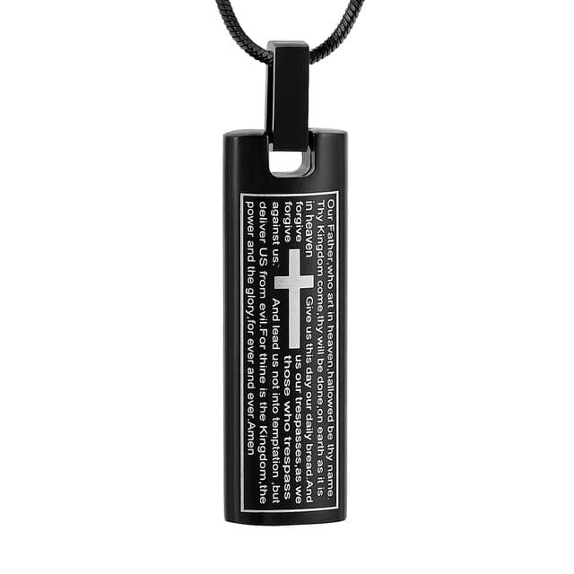 Silver Cremation Urn Necklace Etched With The Lord's Prayer & Cross Cremation Necklace Cherished Emblems Black