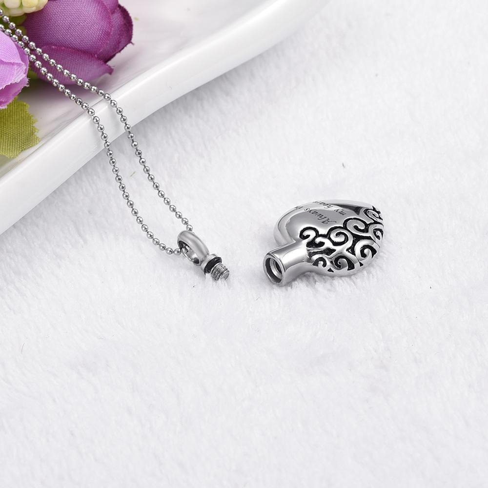 Cremation Necklace - "Always In My Heart" Silver Heart Cremation Necklace