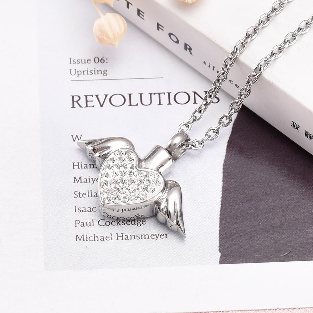 Cremation Necklace - Angel Wings And Rhinestones Heart Cremation Urn Necklace