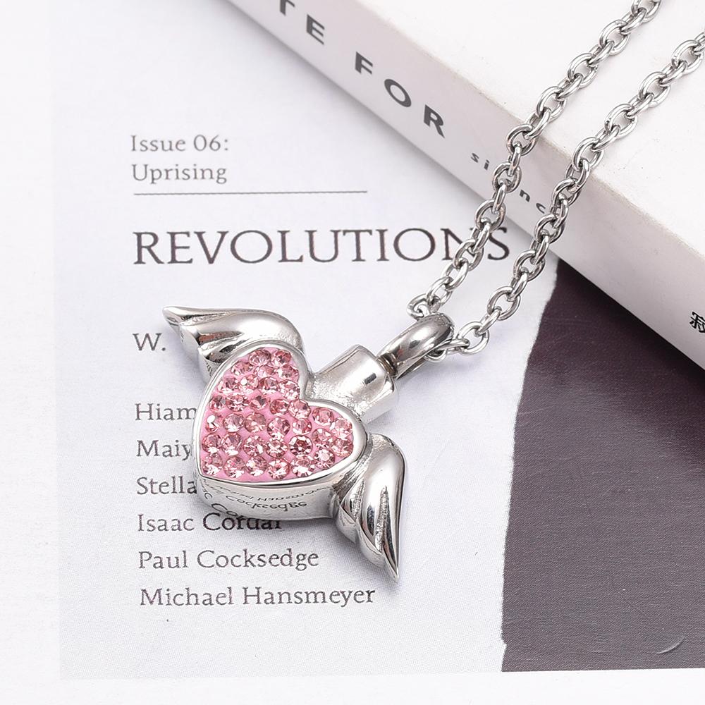 Cremation Necklace - Angel Wings And Rhinestones Heart Cremation Urn Necklace