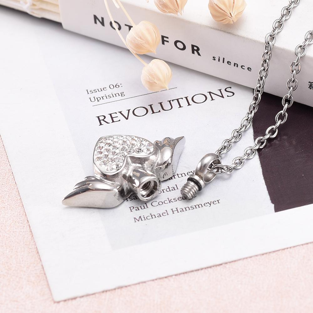 Cremation Necklace - Angel Wings And Rhinestones Heart Cremation Urn Necklace