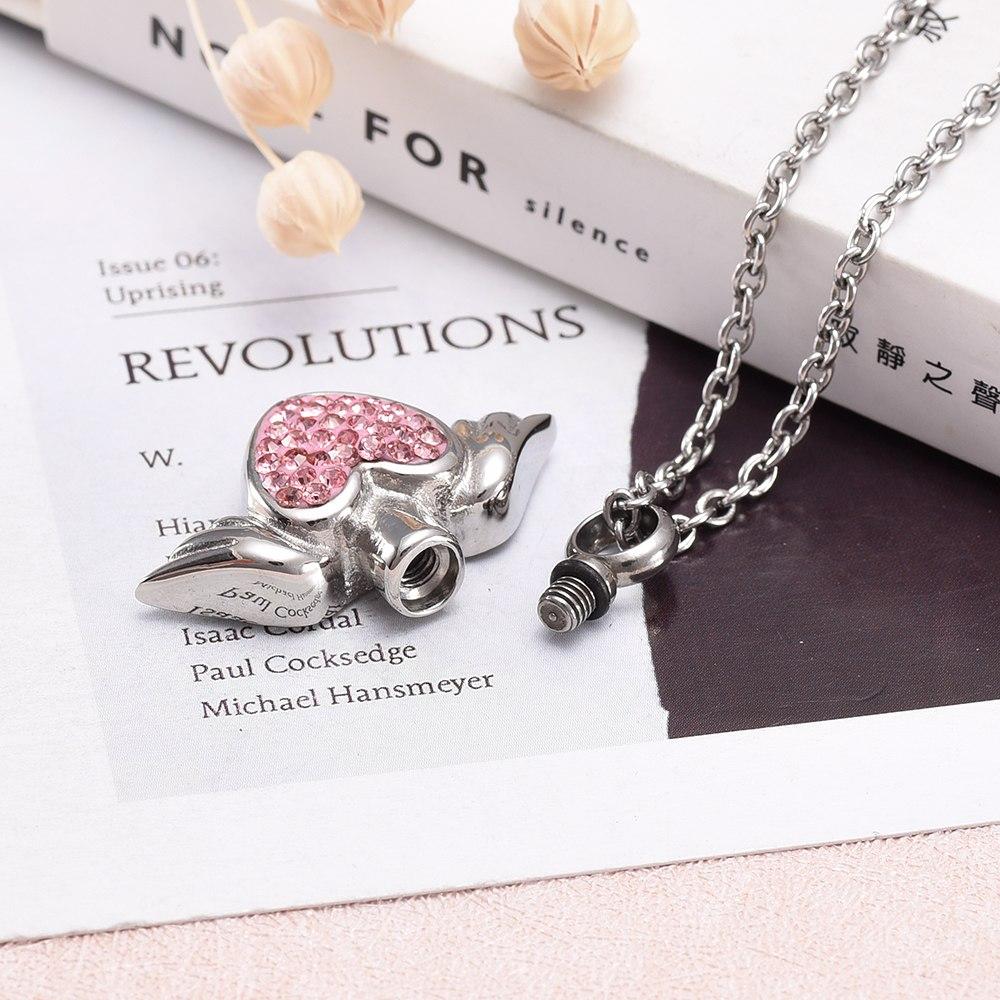Cremation Necklace - Angel Wings And Rhinestones Heart Cremation Urn Necklace