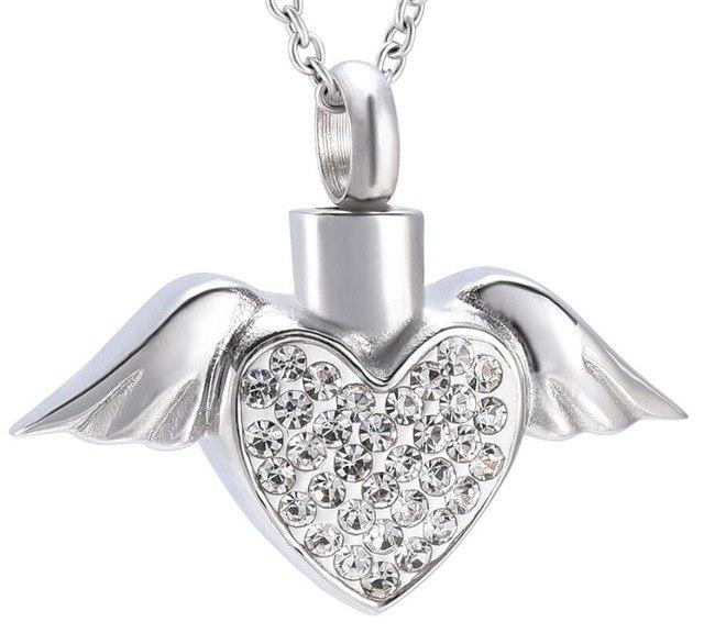 Cremation Necklace - Angel Wings And Rhinestones Heart Cremation Urn Necklace