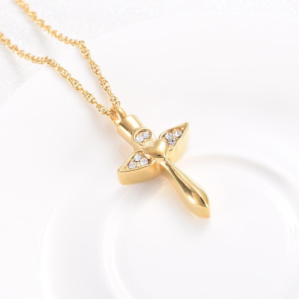 Cremation Necklace - Angel Wings Cross & Heart With Gemstones Cremation Urn Necklace