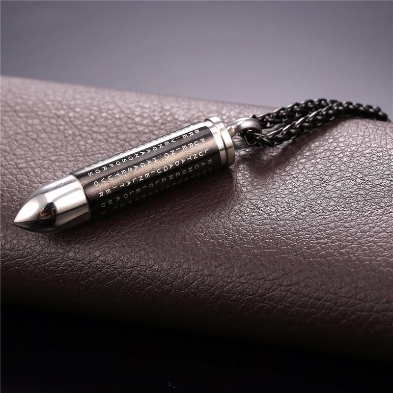 Cremation Necklace - Black Bullet Cremation Urn Necklace With Engraved Cross & Bible Verse