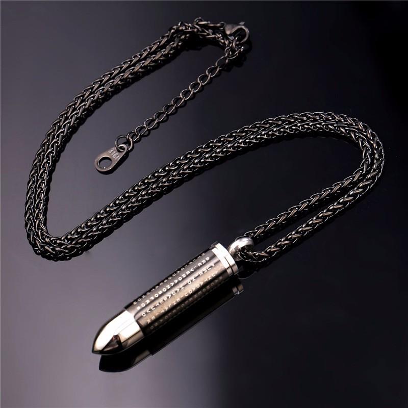 Cremation Necklace - Black Bullet Cremation Urn Necklace With Engraved Cross & Bible Verse