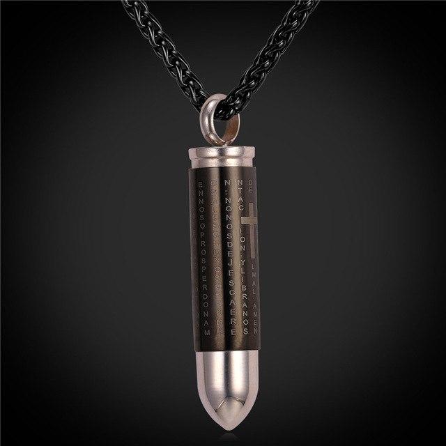 Cremation Necklace - Black Bullet Cremation Urn Necklace With Engraved Cross & Bible Verse