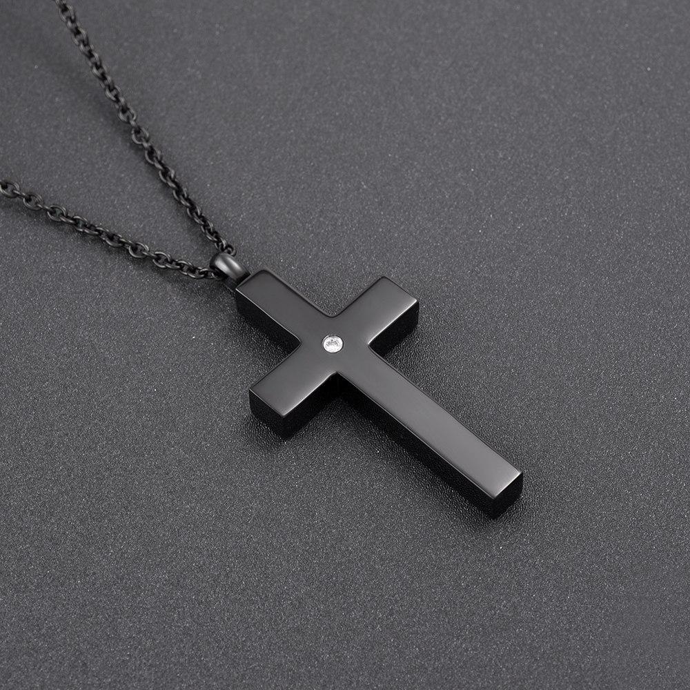 Cremation Necklace - Black Classic Design Cross Cremation Urn Necklace With Rhinestone