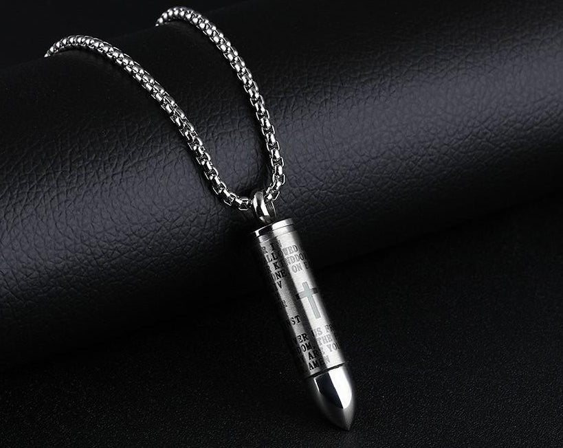 Cremation Necklace - Bullet Shaped Cremation Urn Necklace Engraved With A Cross & The Lord's Prayer English/Spanish