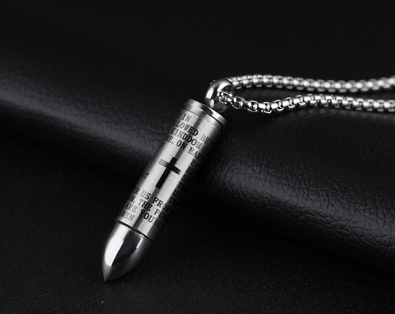 Cremation Necklace - Bullet Shaped Cremation Urn Necklace Engraved With A Cross & The Lord's Prayer English/Spanish