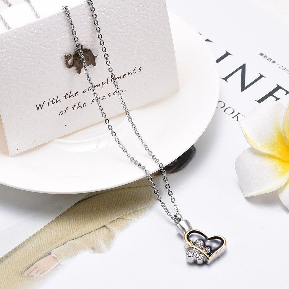 Cremation Necklace - Butterfly & Heart Cremation Urn Necklace With Rhinestones