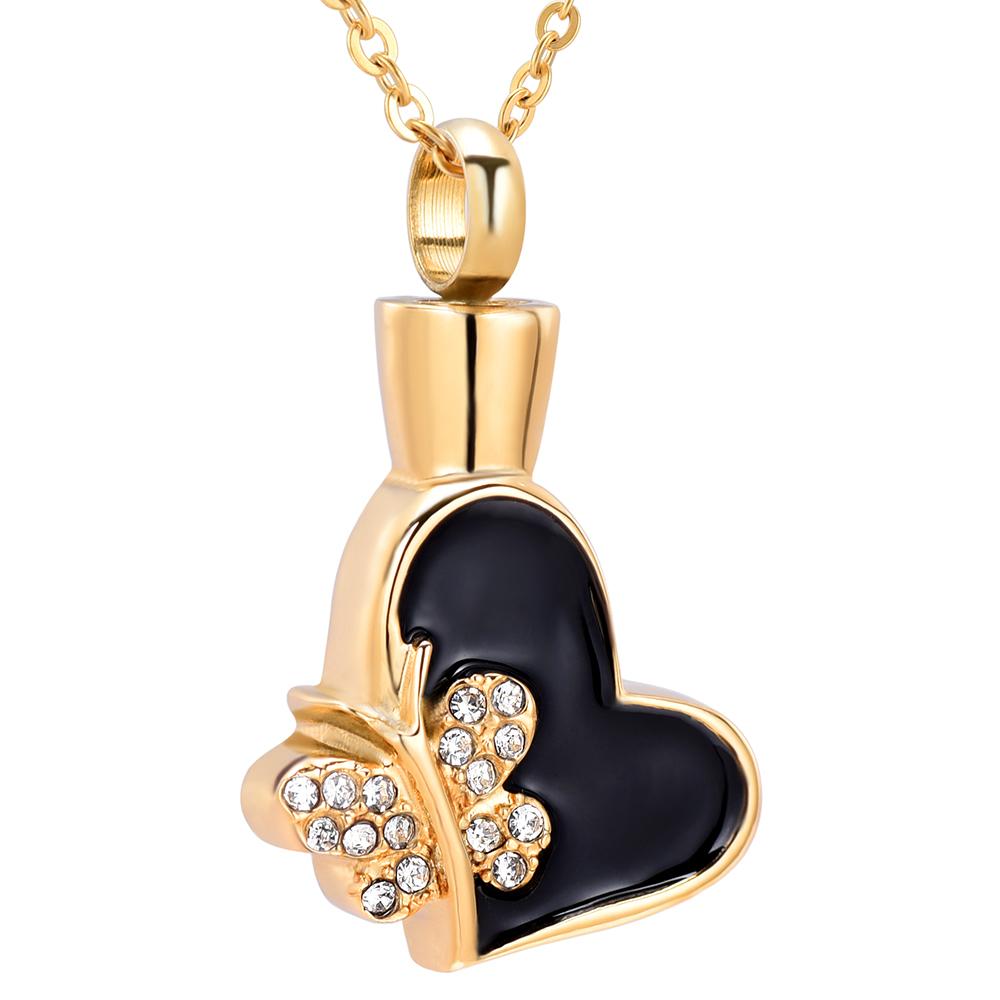 Cremation Necklace - Butterfly & Heart Cremation Urn Necklace With Rhinestones