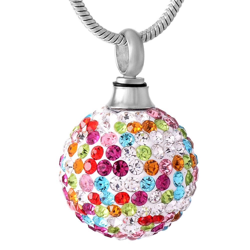 Cremation Necklace - Colorful Crystal Ball Cremation Urn Necklace With Rhinestones