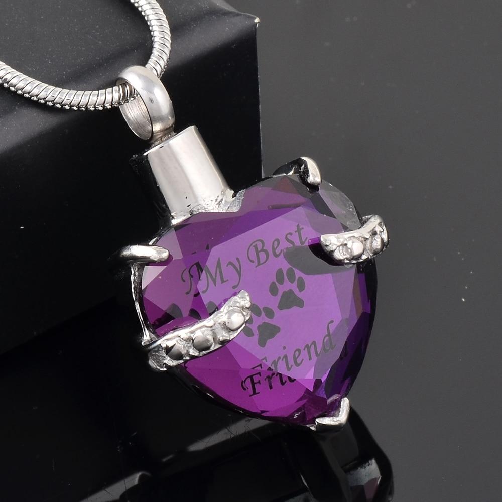 Cremation Necklace - Crystal Heart Pendant Pet Cremation Urn Necklace Etched "My Best Friend"