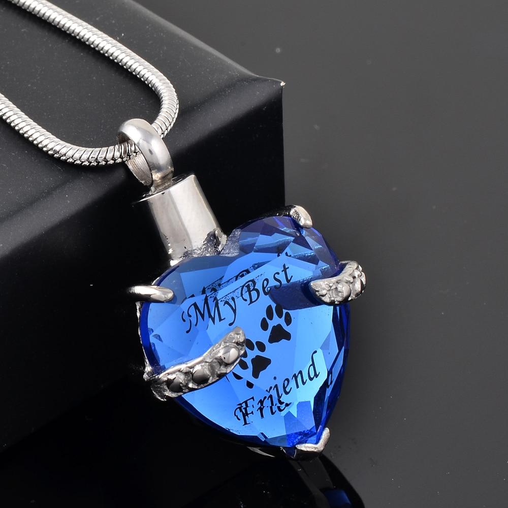 Cremation Necklace - Crystal Heart Pendant Pet Cremation Urn Necklace Etched "My Best Friend"