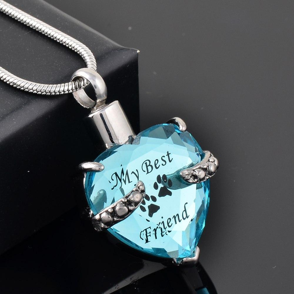 Cremation Necklace - Crystal Heart Pendant Pet Cremation Urn Necklace Etched "My Best Friend"