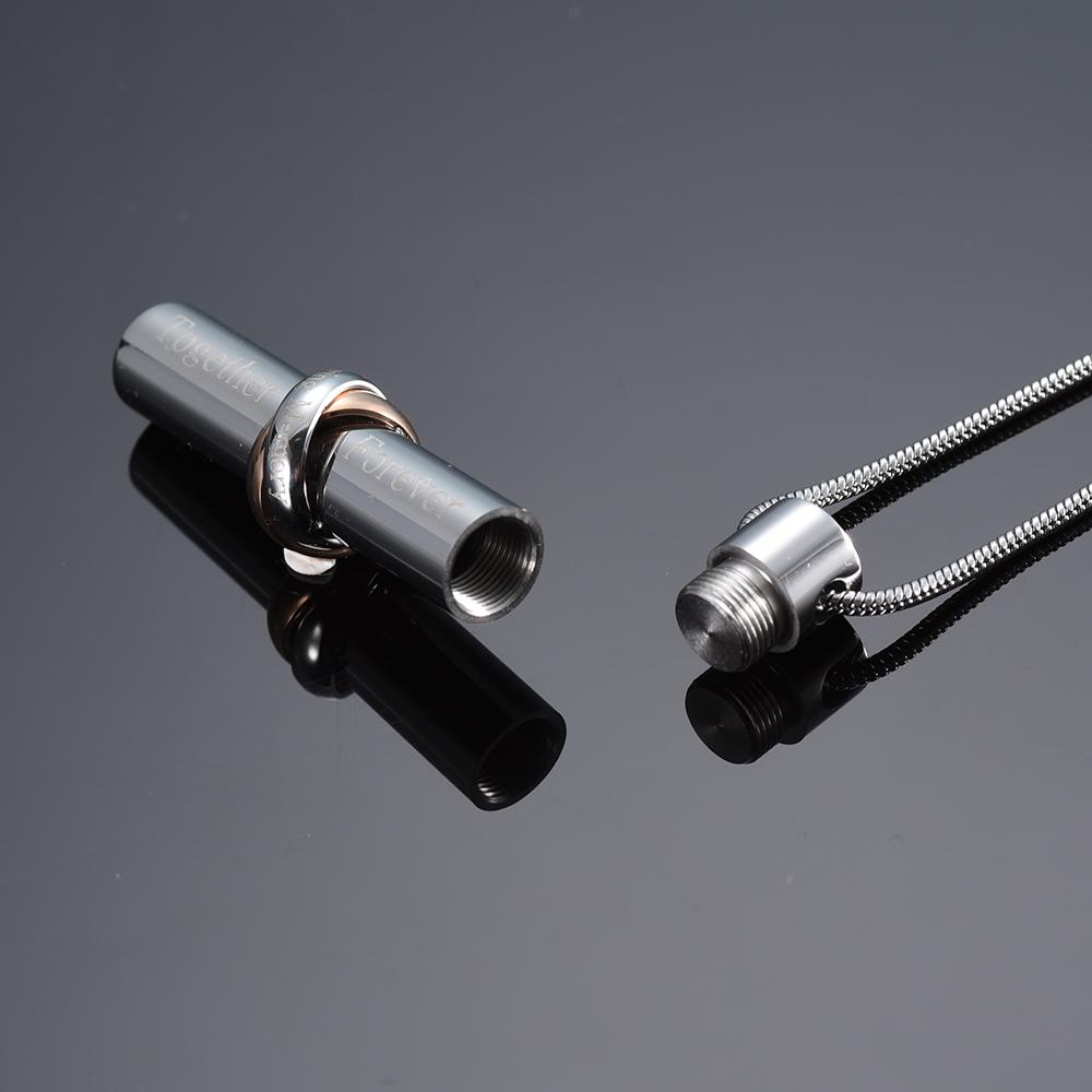 Cremation Necklace - Cylinder Cremation Urn Necklace With Infinity Band Engraved "Together Forever In Loving Memory"