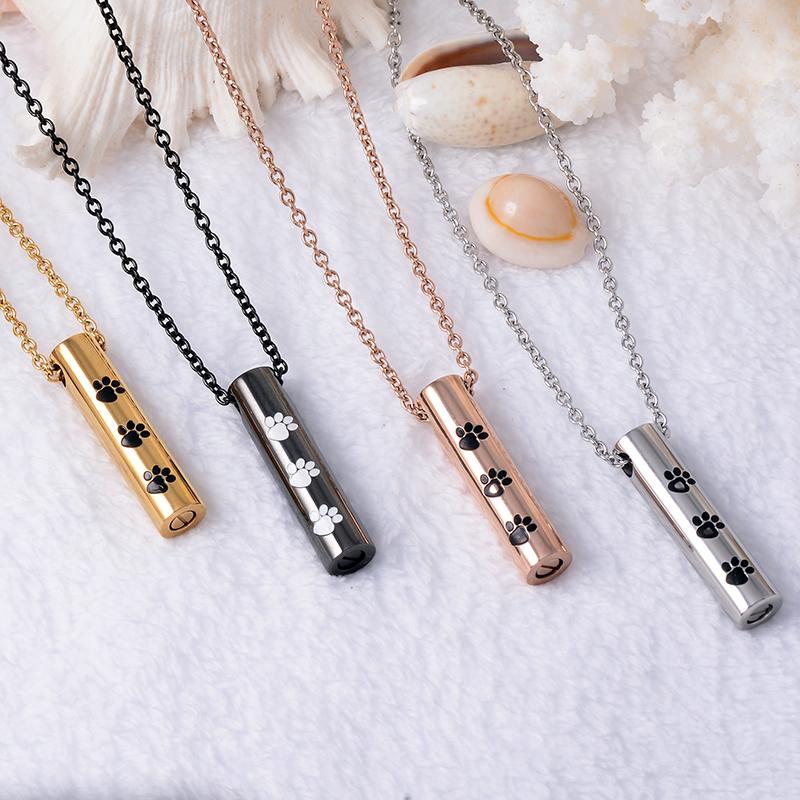 Cremation Necklace - Cylinder Cremation Urn Necklace With Paw Prints