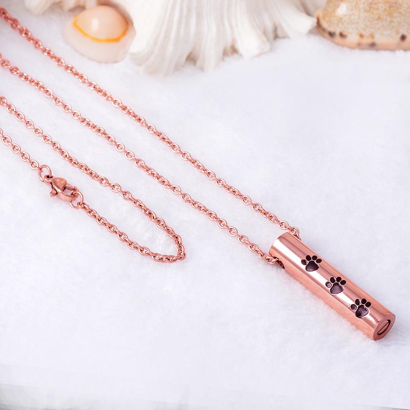 Cremation Necklace - Cylinder Cremation Urn Necklace With Paw Prints