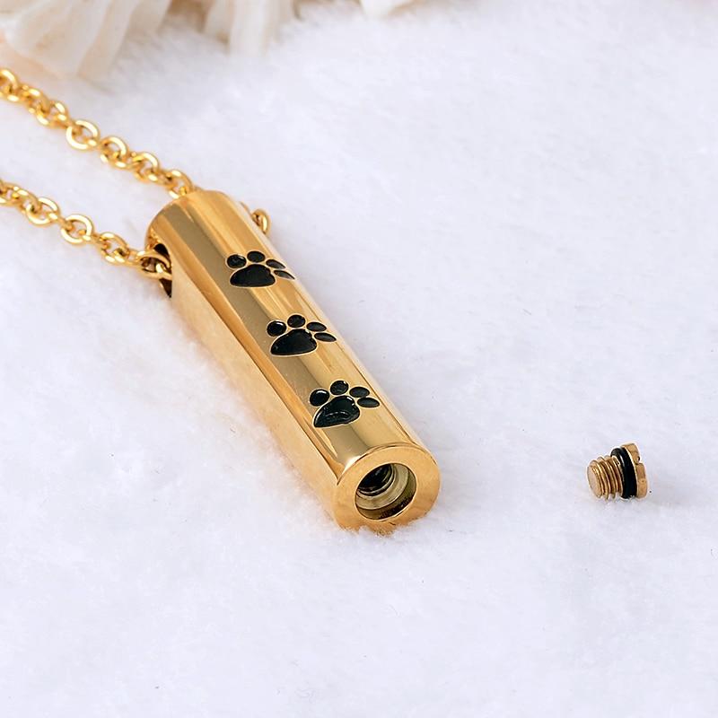 Cremation Necklace - Cylinder Cremation Urn Necklace With Paw Prints