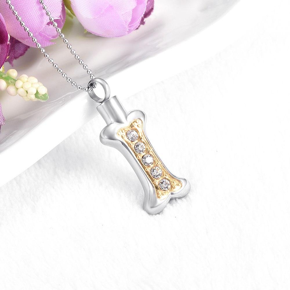 Cremation Necklace - Dog Bone Shaped Cremation Urn Necklace With Rhinestones