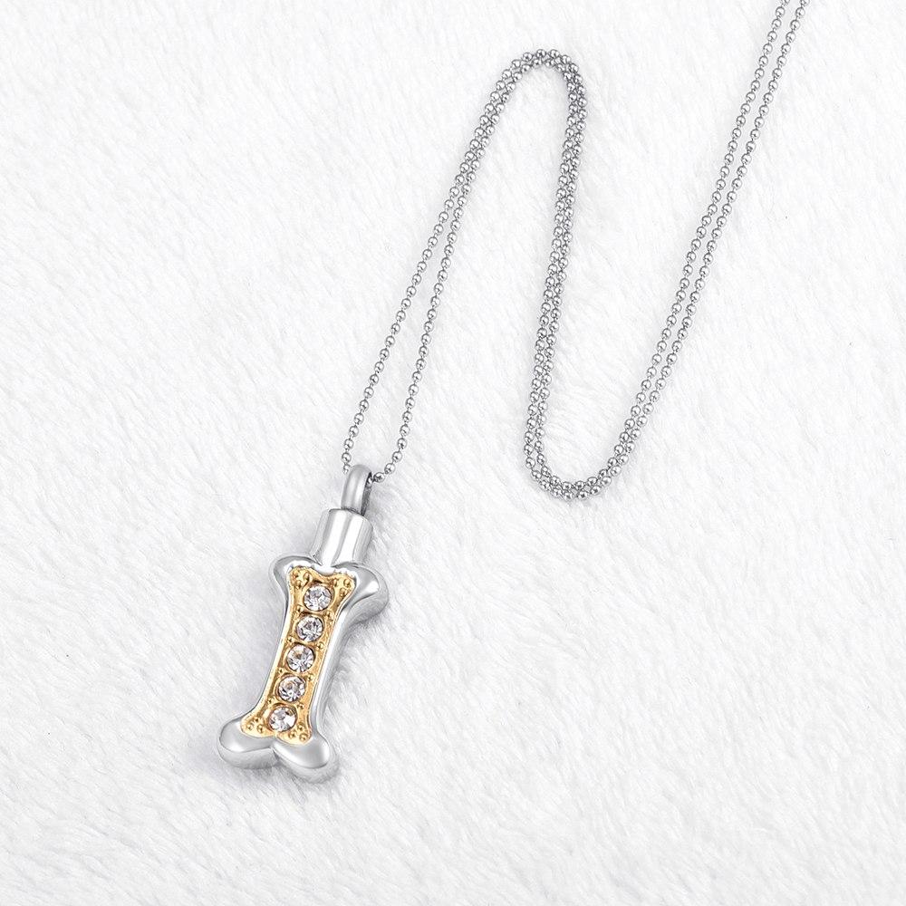 Cremation Necklace - Dog Bone Shaped Cremation Urn Necklace With Rhinestones