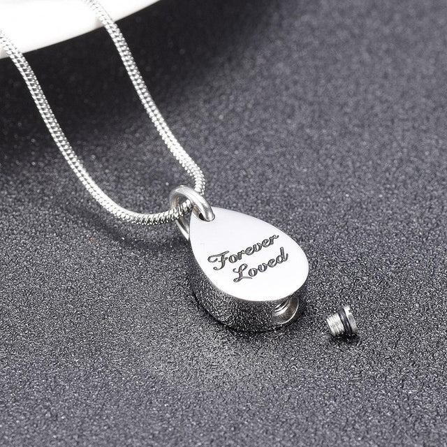 Cremation Necklace - "Forever Loved" Teardrop Cremation Urn Necklace
