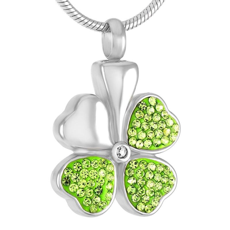Cremation Necklace - Four Leaf Clover Cremation Urn Necklace With Rhinestones