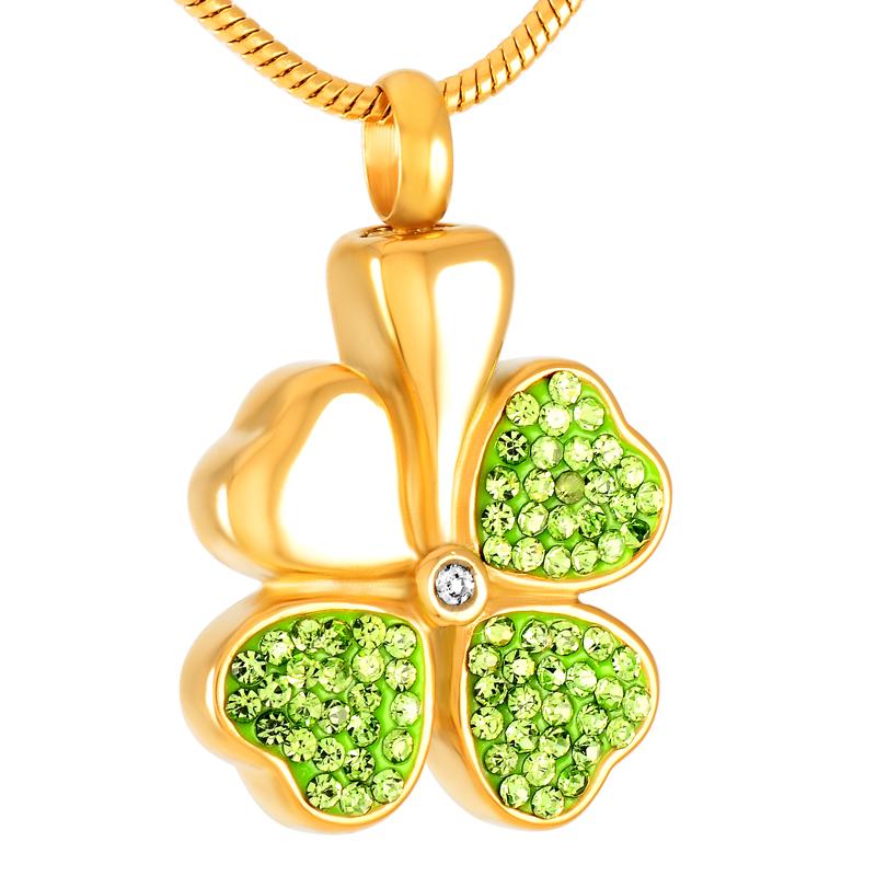 Cremation Necklace - Four Leaf Clover Cremation Urn Necklace With Rhinestones