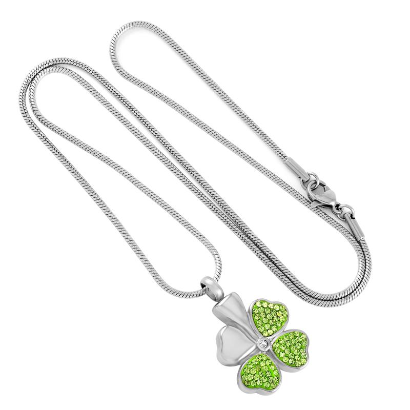 Cremation Necklace - Four Leaf Clover Cremation Urn Necklace With Rhinestones