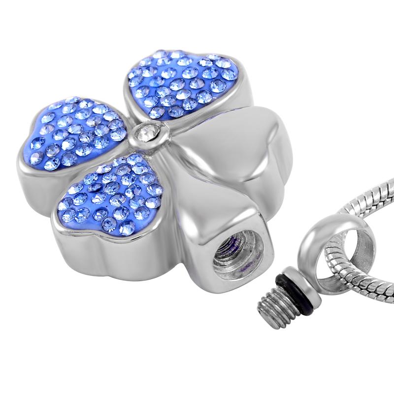Cremation Necklace - Four Leaf Clover Cremation Urn Necklace With Rhinestones