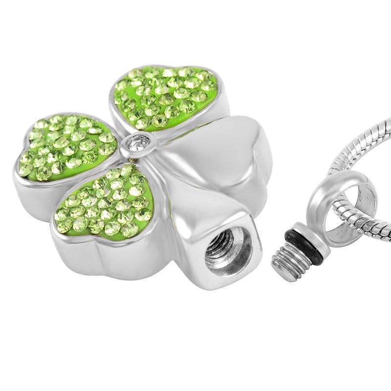 Cremation Necklace - Four Leaf Clover Cremation Urn Necklace With Rhinestones