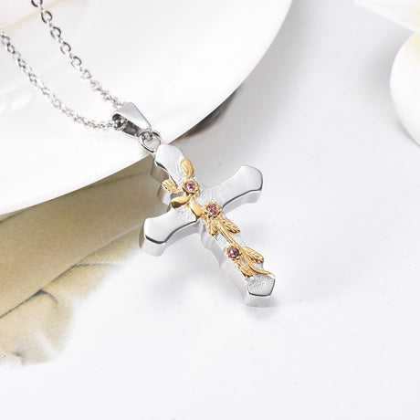 Cremation Necklace - Gold Flower & Silver Cross Cremation Urn Jewelry With Red Rhinestones