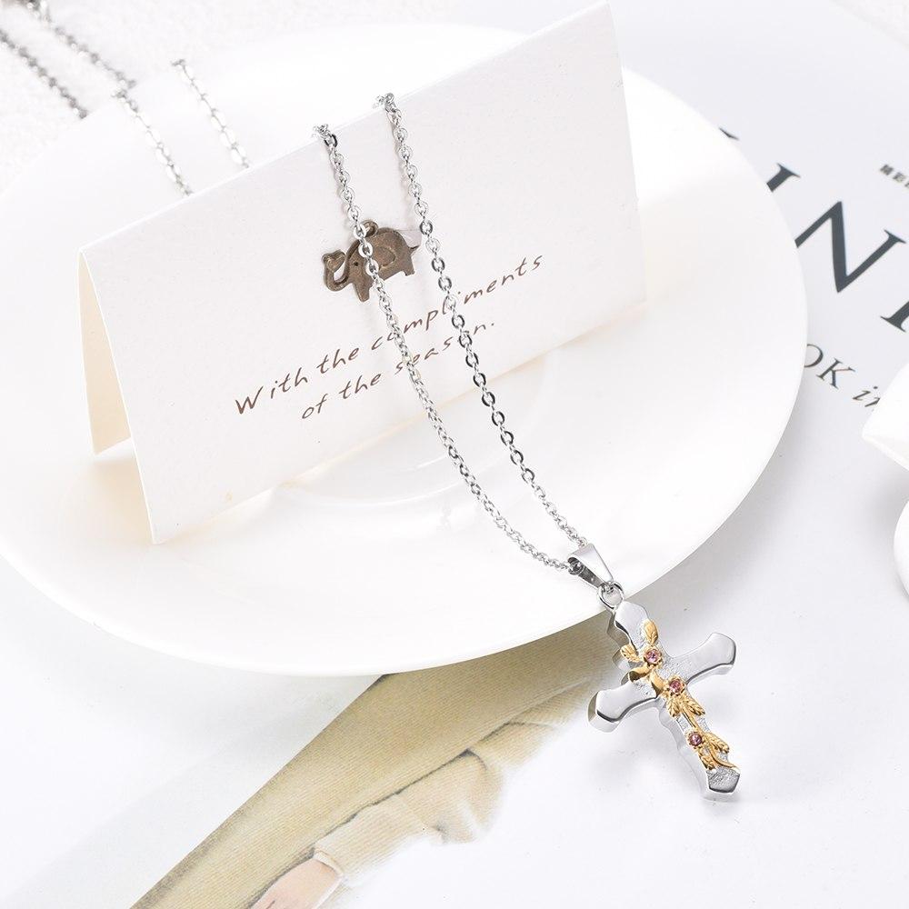Cremation Necklace - Gold Flower & Silver Cross Cremation Urn Jewelry With Red Rhinestones