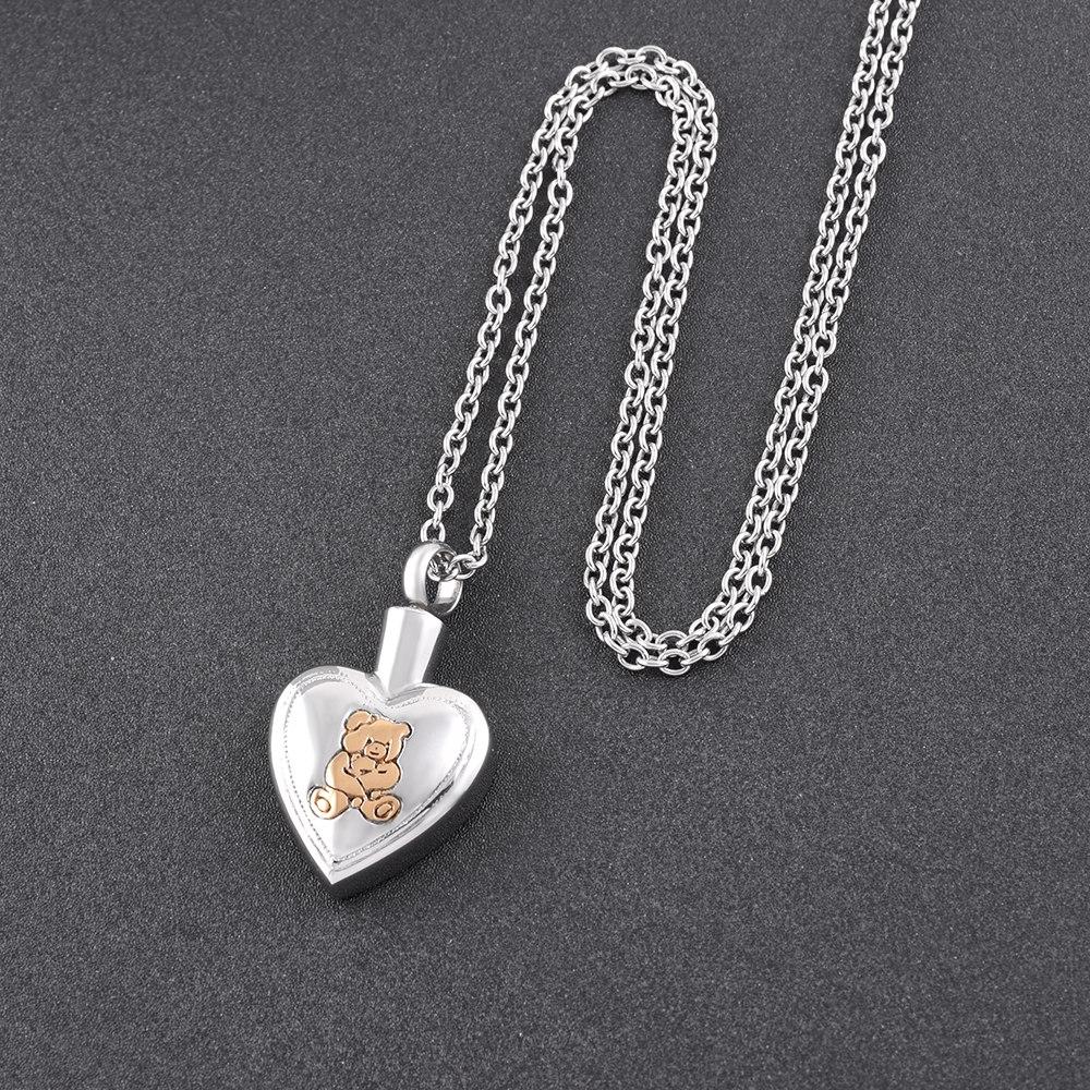 Cremation Necklace - Golden Cute Teddy Bear & Heart Cremation Urn Necklace
